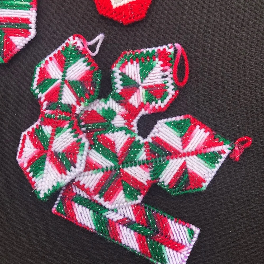 Vintage Handmade Plastic Canvas Needlepoint Christmas Ornaments - Set of 16